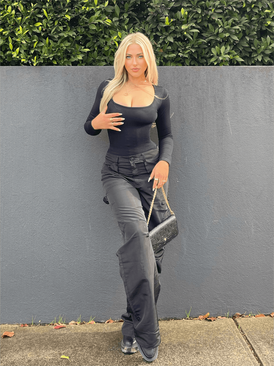 Ribbed Square Neck Bodysuit - Long Sleeve-SUUKSESS