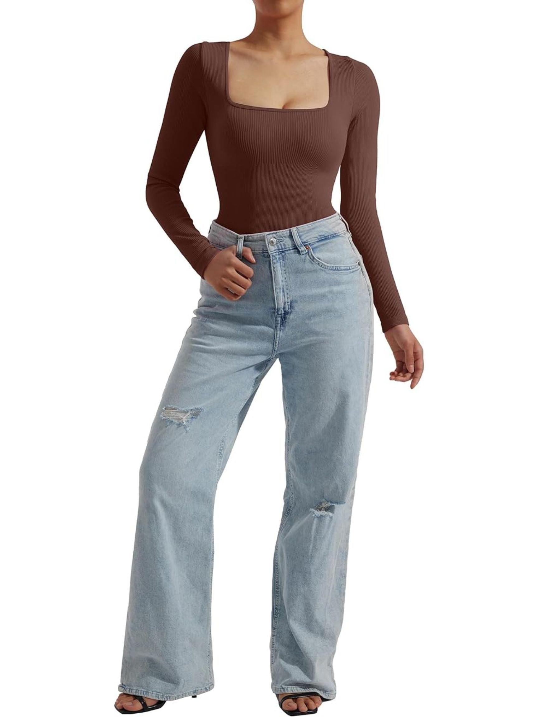 Flash Sales - Ribbed Square Neck Bodysuit - Long Sleeve - SUUKSESS