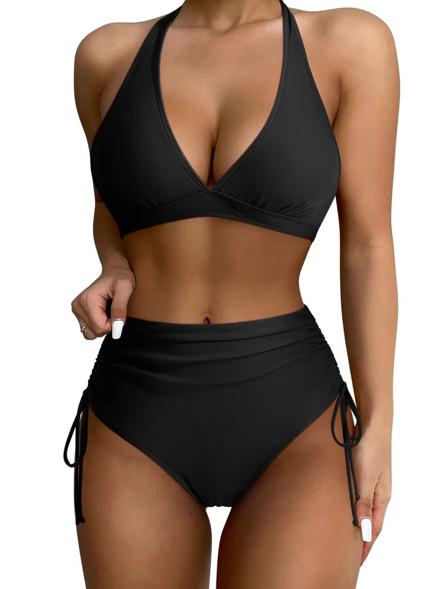 SUUKSESS Women Ribbed High Waist Bikini Sexy Drawstring Tummy Control Swimsuits-Swimwear-SUUKSESS-Black-S-SUUKSESS