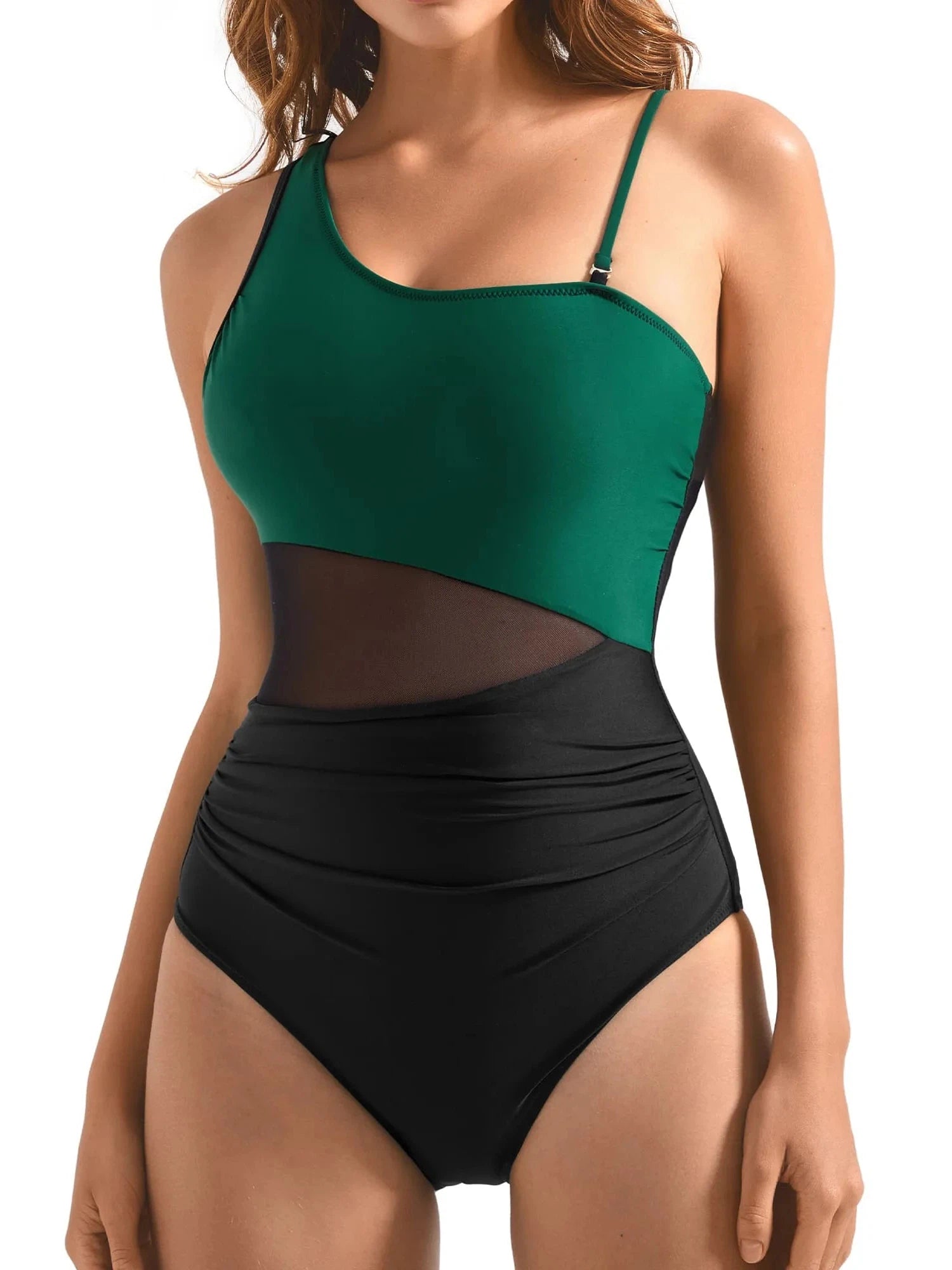 SUUKSESS Women Mesh One Shoulder One Piece Swimsuit Tummy Control Bathing Suit-SUUKSESS-SUUKSESS