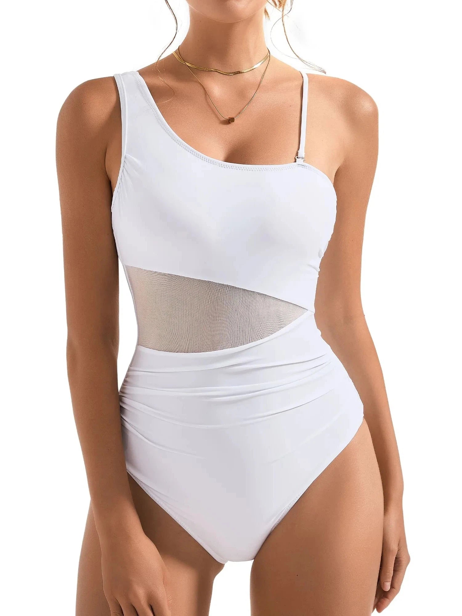 SUUKSESS Women Mesh One Shoulder One Piece Swimsuit Tummy Control Bathing Suit-SUUKSESS-White-S-SUUKSESS
