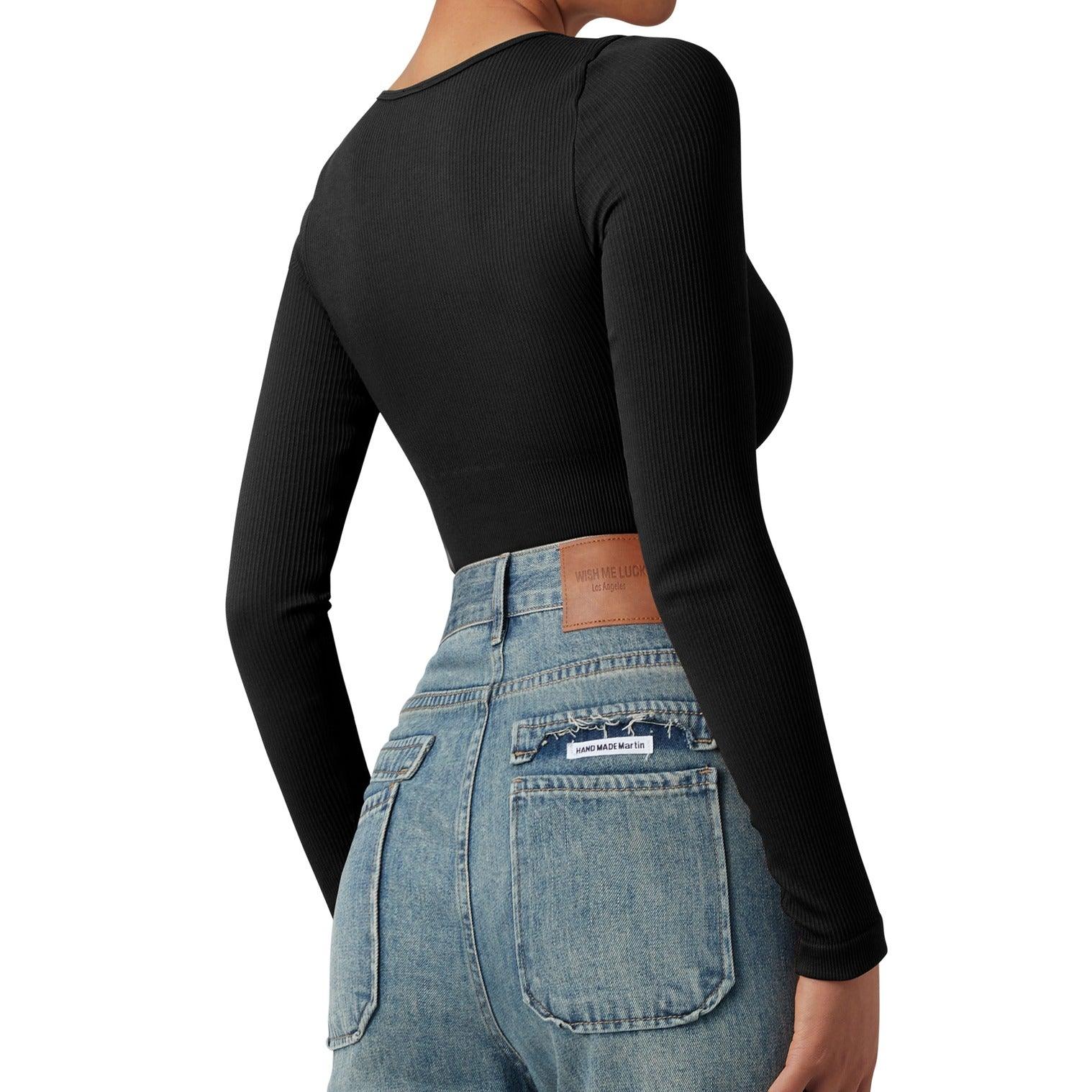 Ribbed Notch Neck Bodysuit - Long Sleeve-SUUKSESS