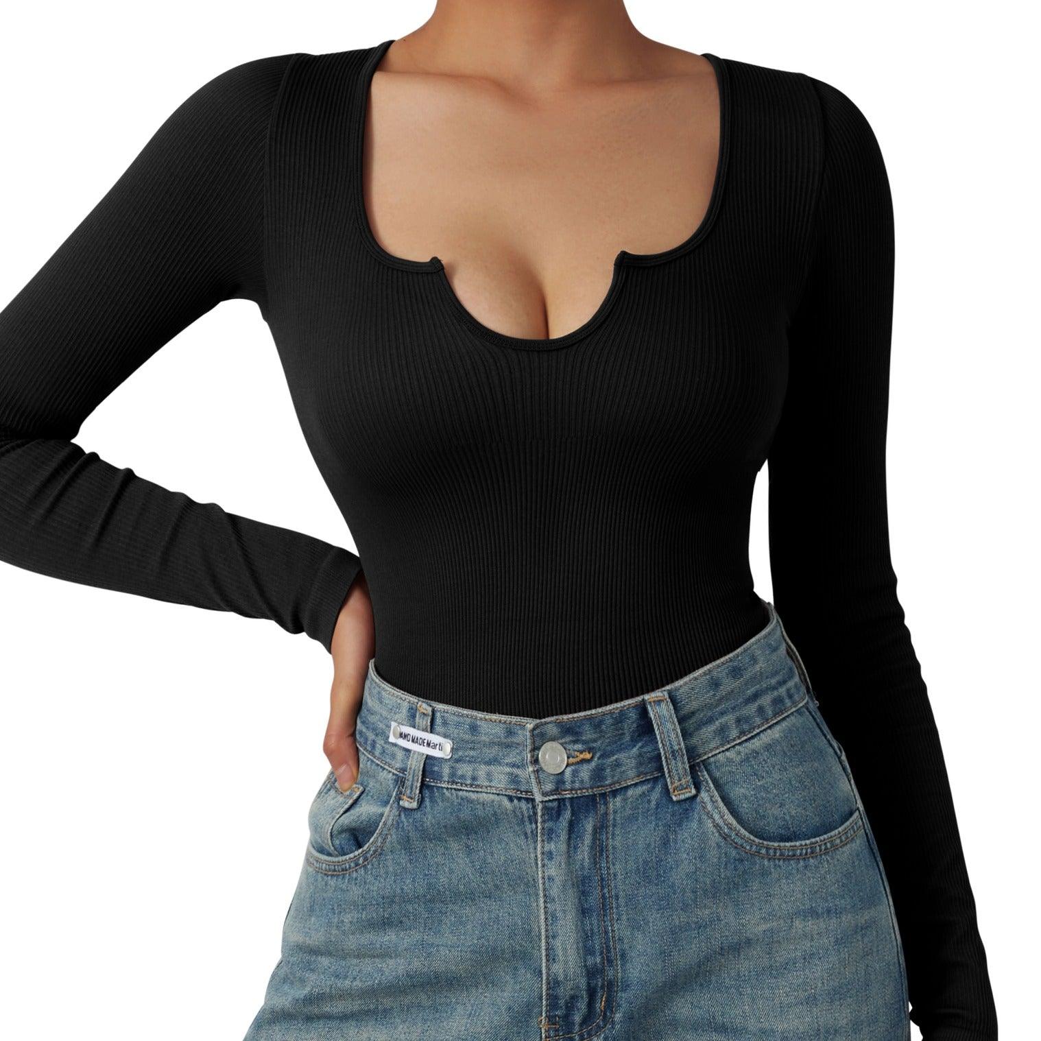 Ribbed Notch Neck Bodysuit - Long Sleeve-SUUKSESS