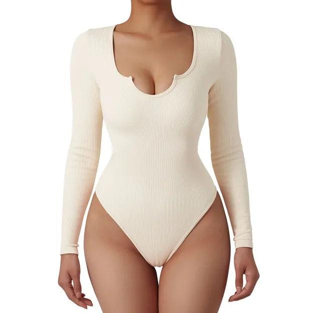 Flash Sales - Ribbed Notch Neck Bodysuit - Long Sleeve - SUUKSESS