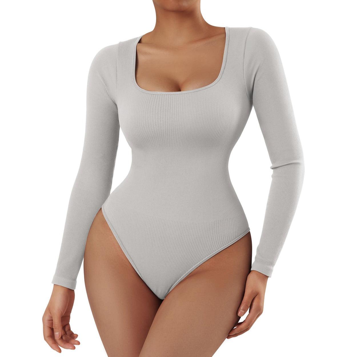 Ribbed Square Neck Bodysuit - Long Sleeve-SUUKSESS