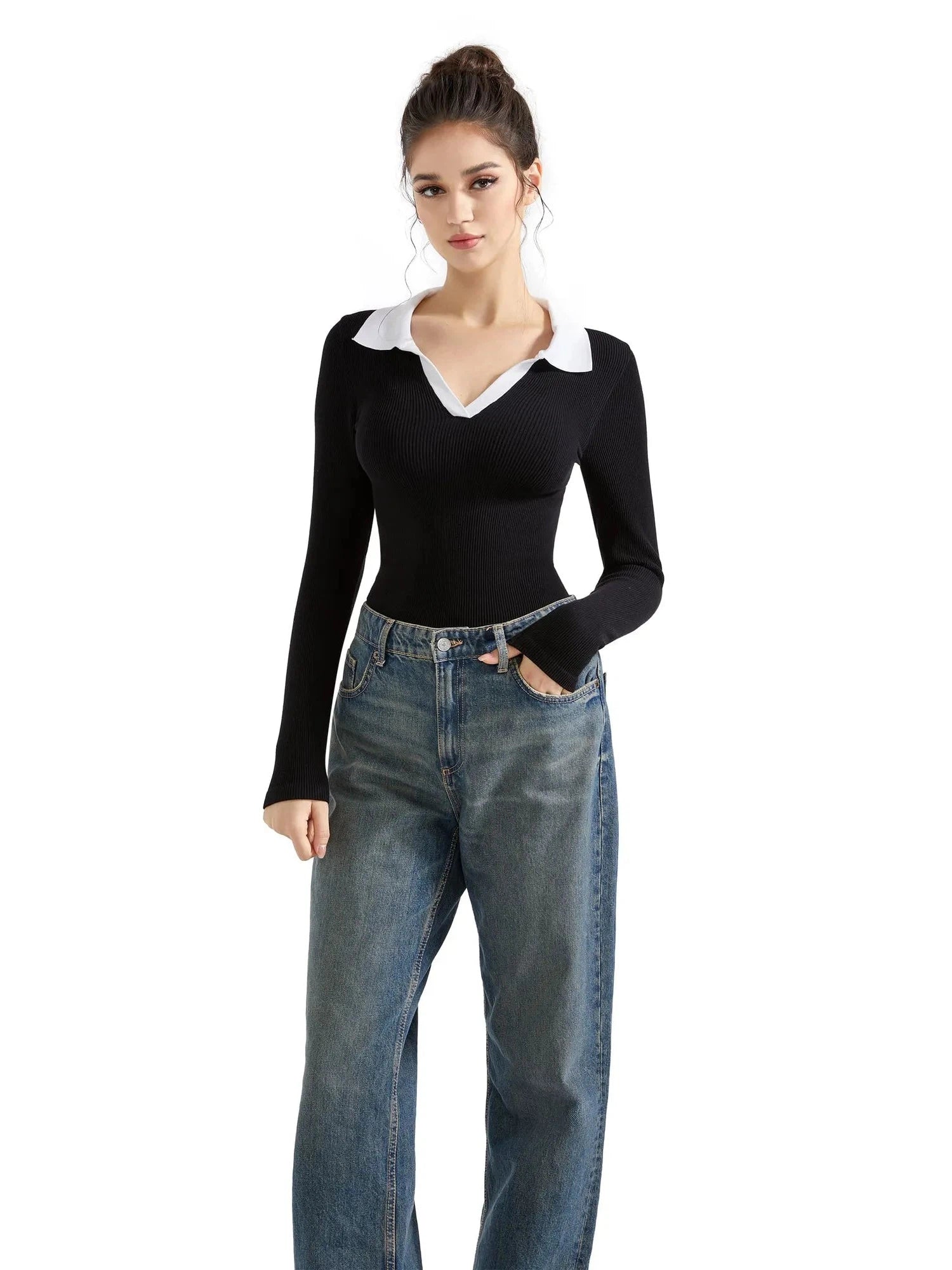 SUUKSESS Women Long Sleeve Ribbed V Neck Polo Shirts Collared Business Casual Slim Fitted Tops for Office Work-SUUKSESS-Black-1-S-SUUKSESS