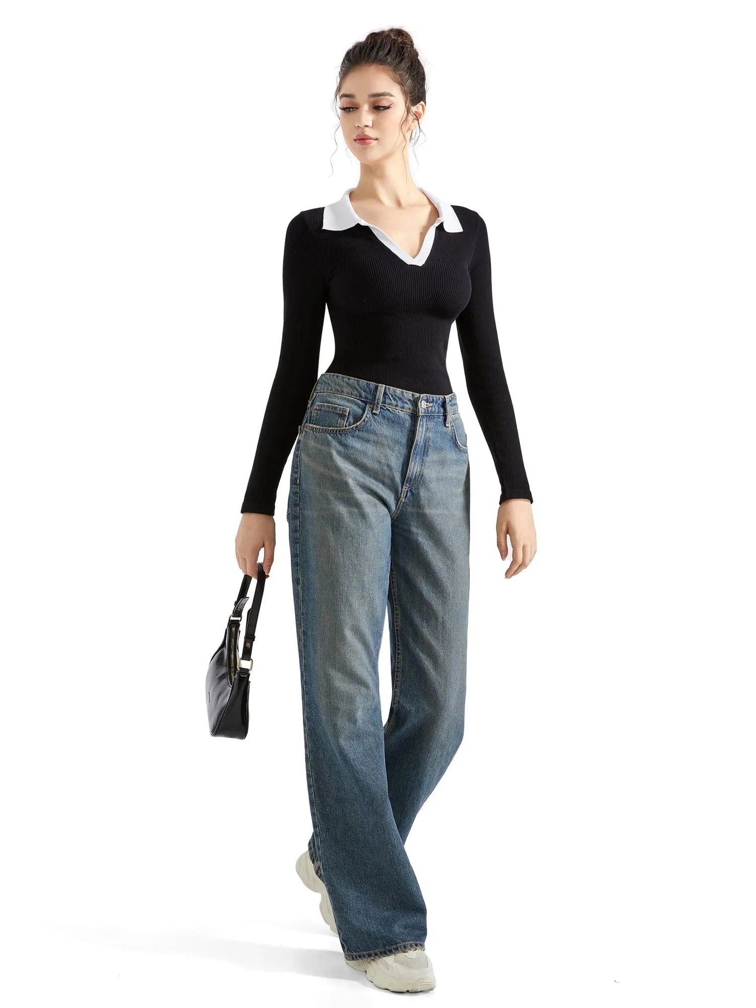 SUUKSESS Women Long Sleeve Ribbed V Neck Polo Shirts Collared Business Casual Slim Fitted Tops for Office Work-SUUKSESS-SUUKSESS
