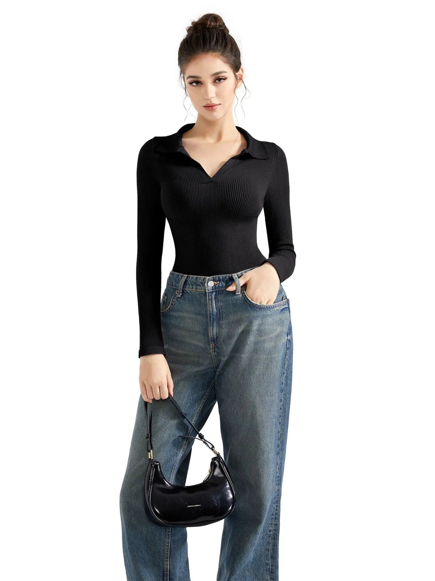 SUUKSESS Women Long Sleeve Ribbed V Neck Polo Shirts Collared Business Casual Slim Fitted Tops for Office Work-SUUKSESS-Black-S-SUUKSESS