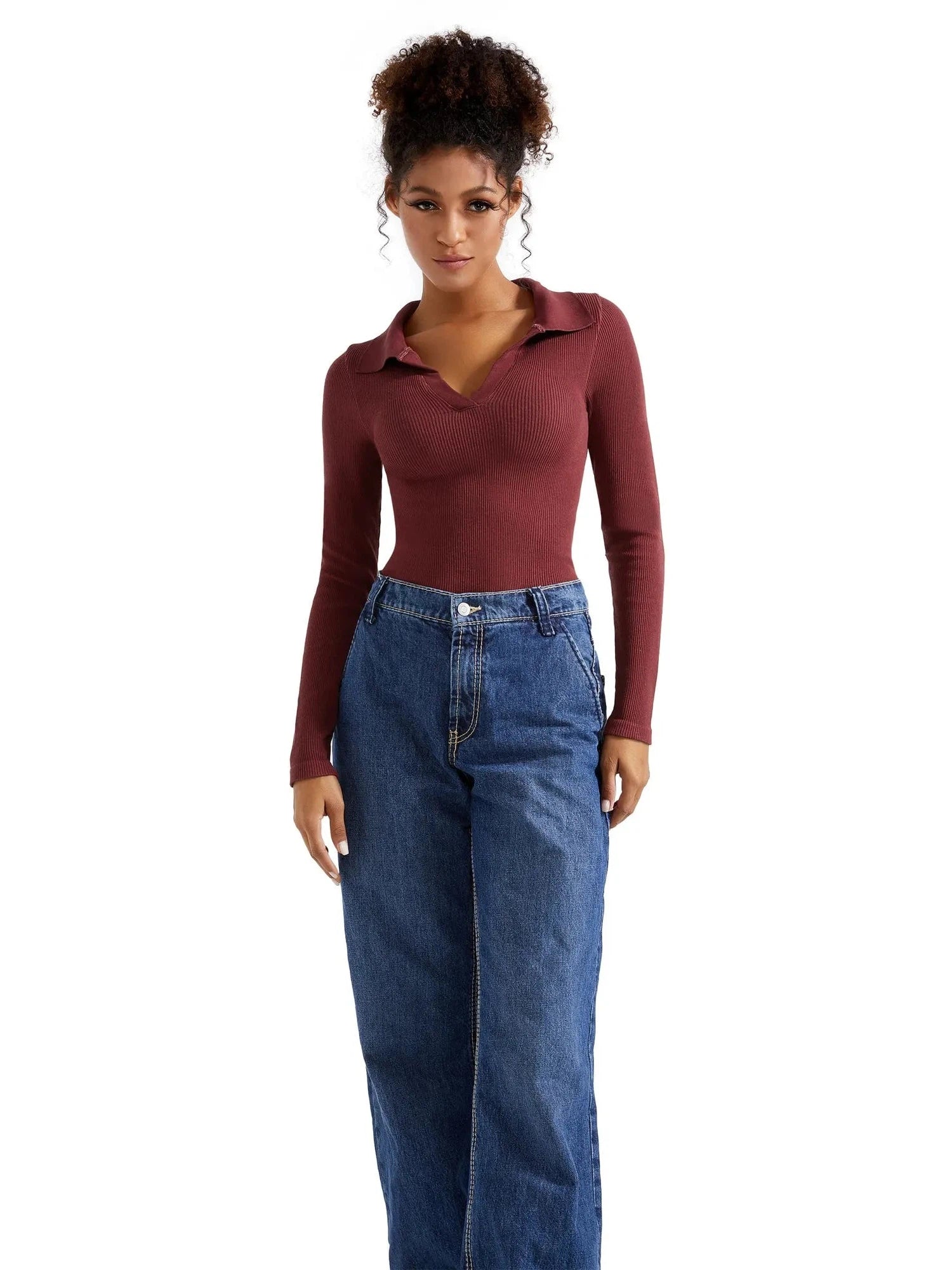 SUUKSESS Women Long Sleeve Ribbed V Neck Polo Shirts Collared Business Casual Slim Fitted Tops for Office Work-SUUKSESS-Maroon-S-SUUKSESS
