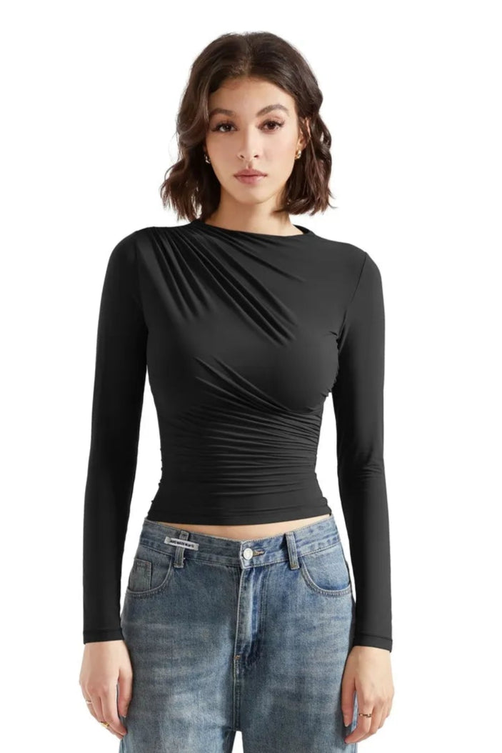 Buttery Soft Ruched Neck Shirt - Long Sleeve-SUUKSESS-SUUKSESS
