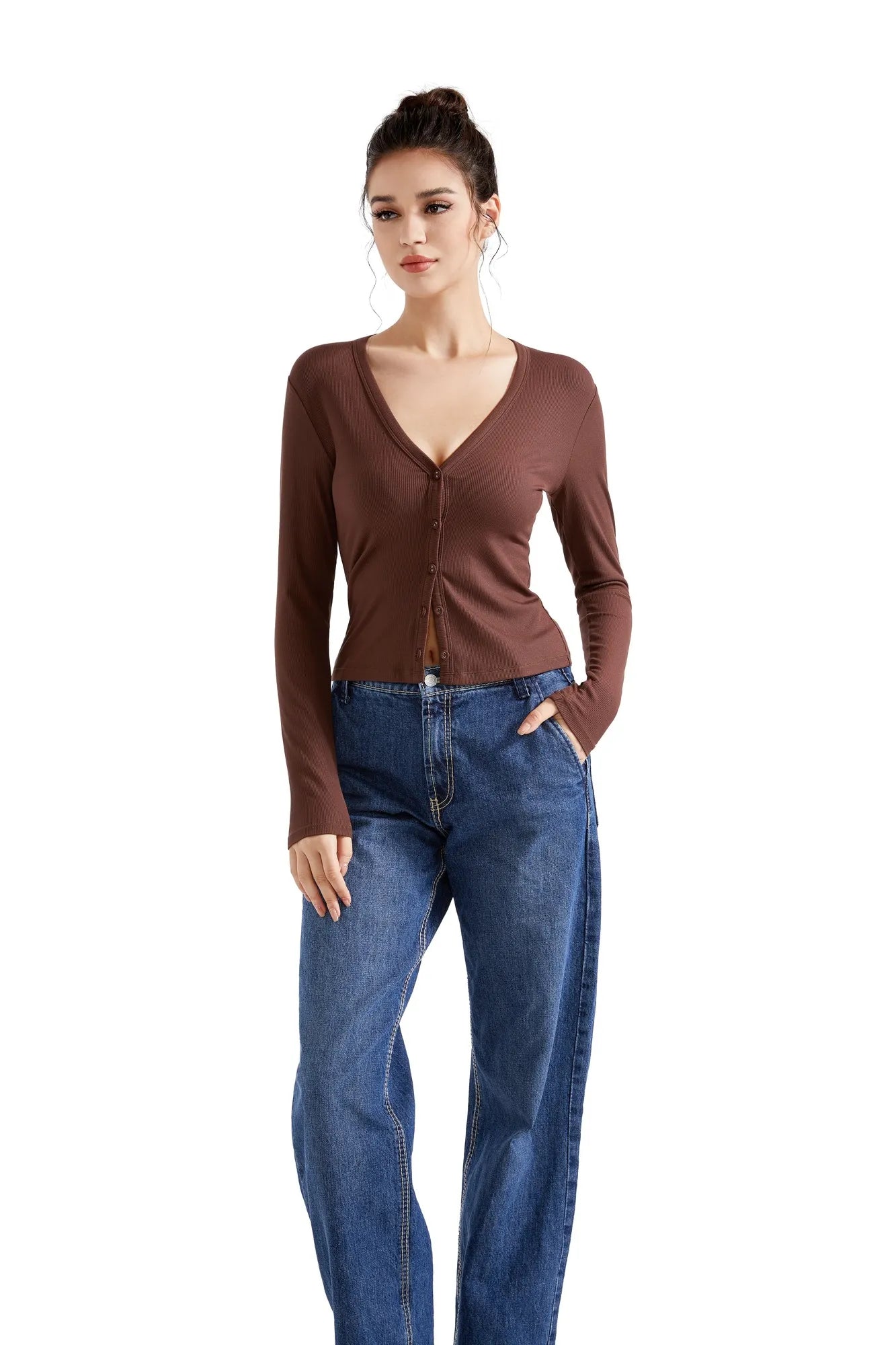 SUUKSESS Women Ribbed Lightweight Cardigan V Neck Button Up Long Sleeve Cropped Modal Tops-SUUKSESS-Brown-S-SUUKSESS
