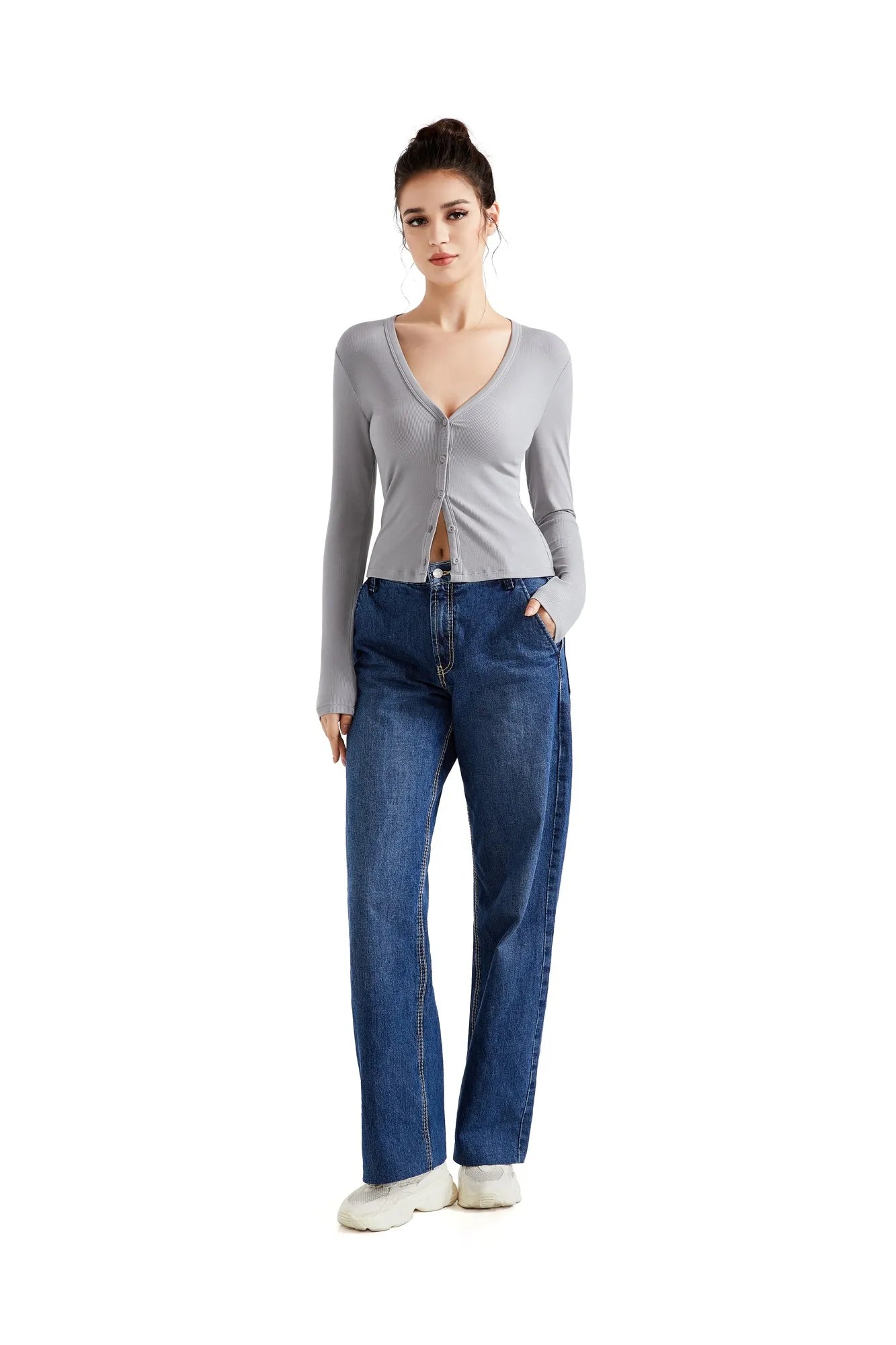 SUUKSESS Women Ribbed Lightweight Cardigan V Neck Button Up Long Sleeve Cropped Modal Tops-SUUKSESS-Gray-S-SUUKSESS
