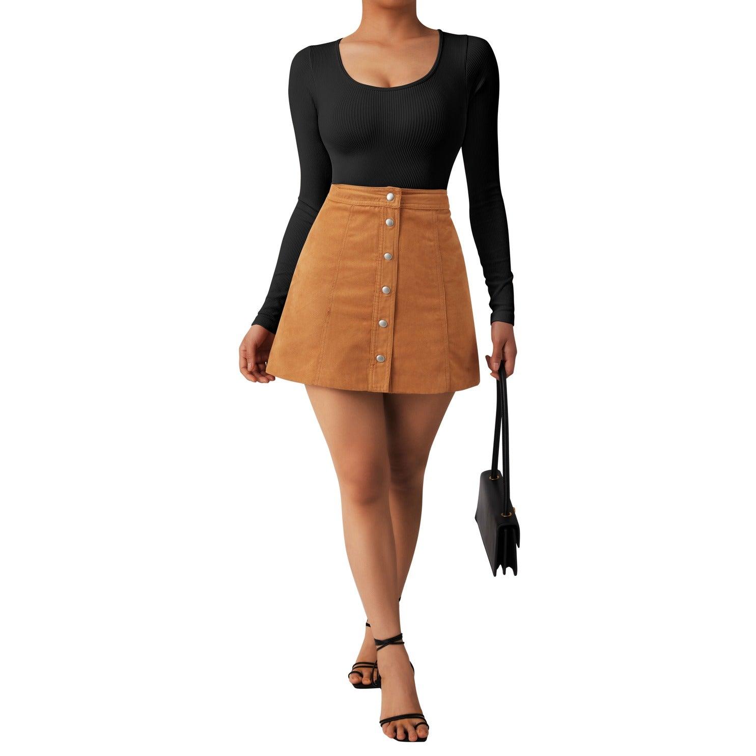 Ribbed Scoop Neck Bodysuit - Long Sleeve-SUUKSESS