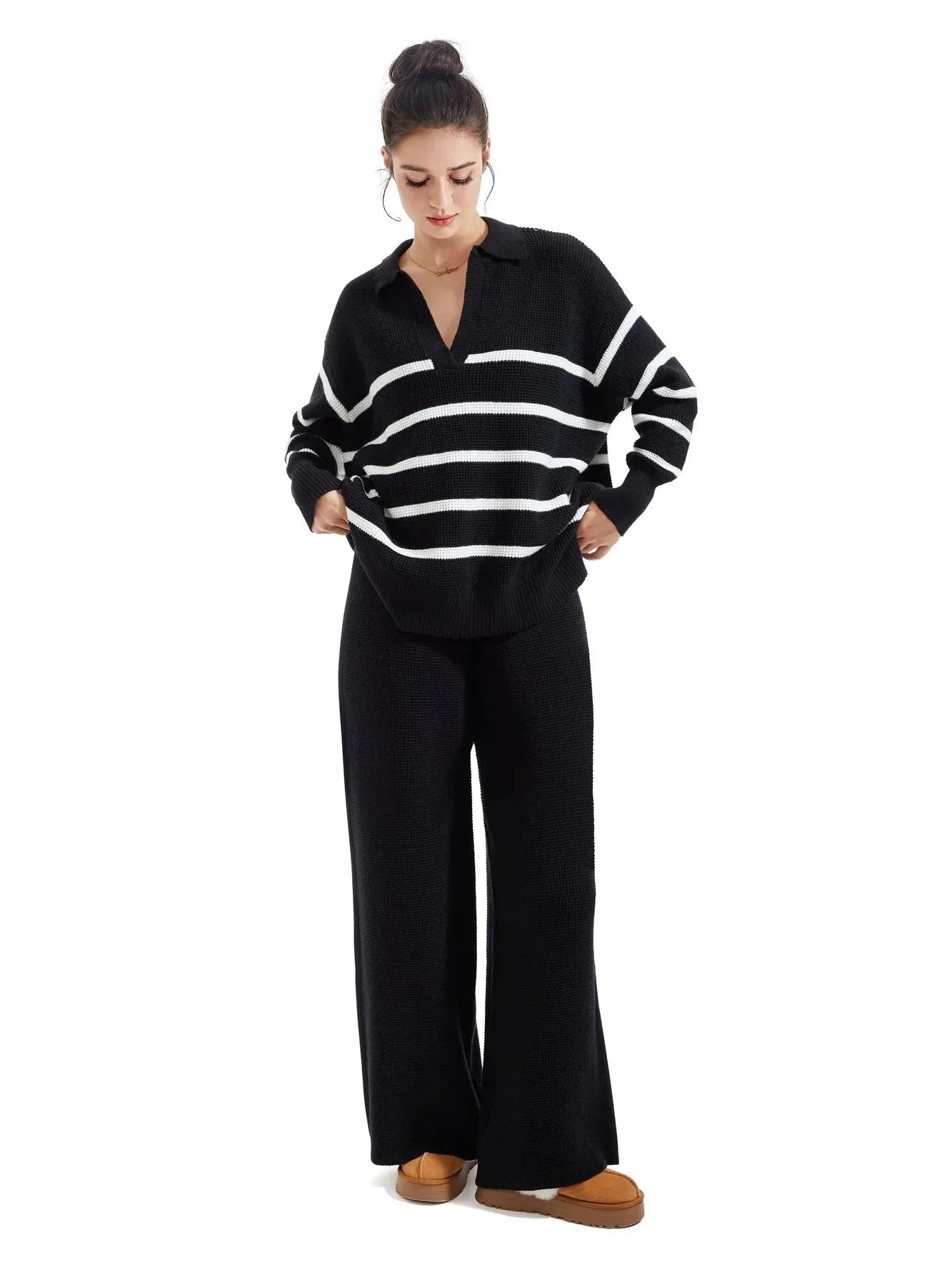 Waffle Knit Sweater Lounge Set-Clothing-SUUKSESS-Stripe Black-XS-SUUKSESS