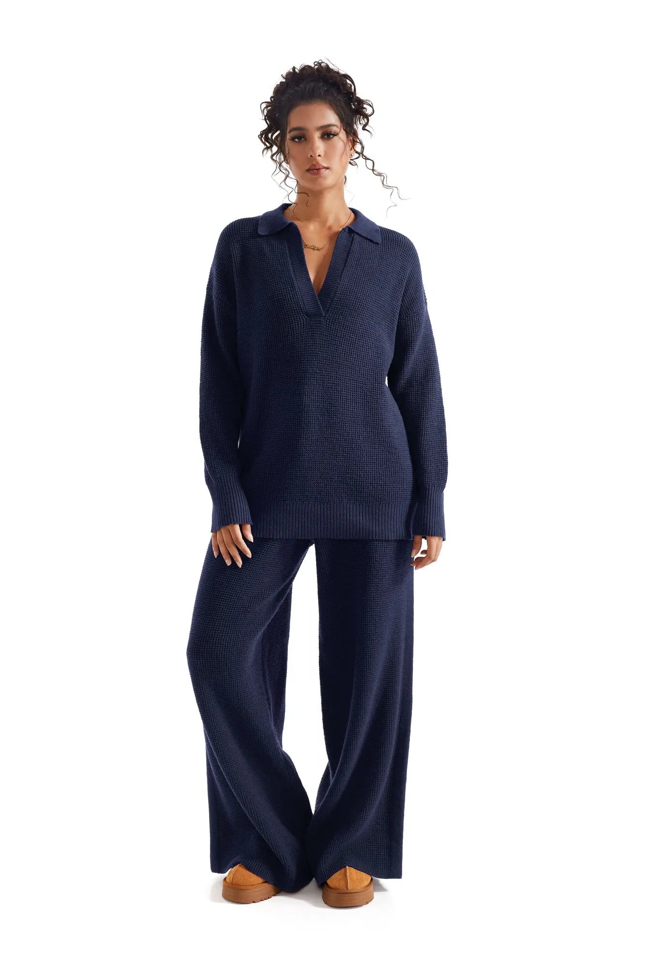 Waffle Knit Sweater Lounge Set-Clothing-SUUKSESS-Navy-XS-SUUKSESS
