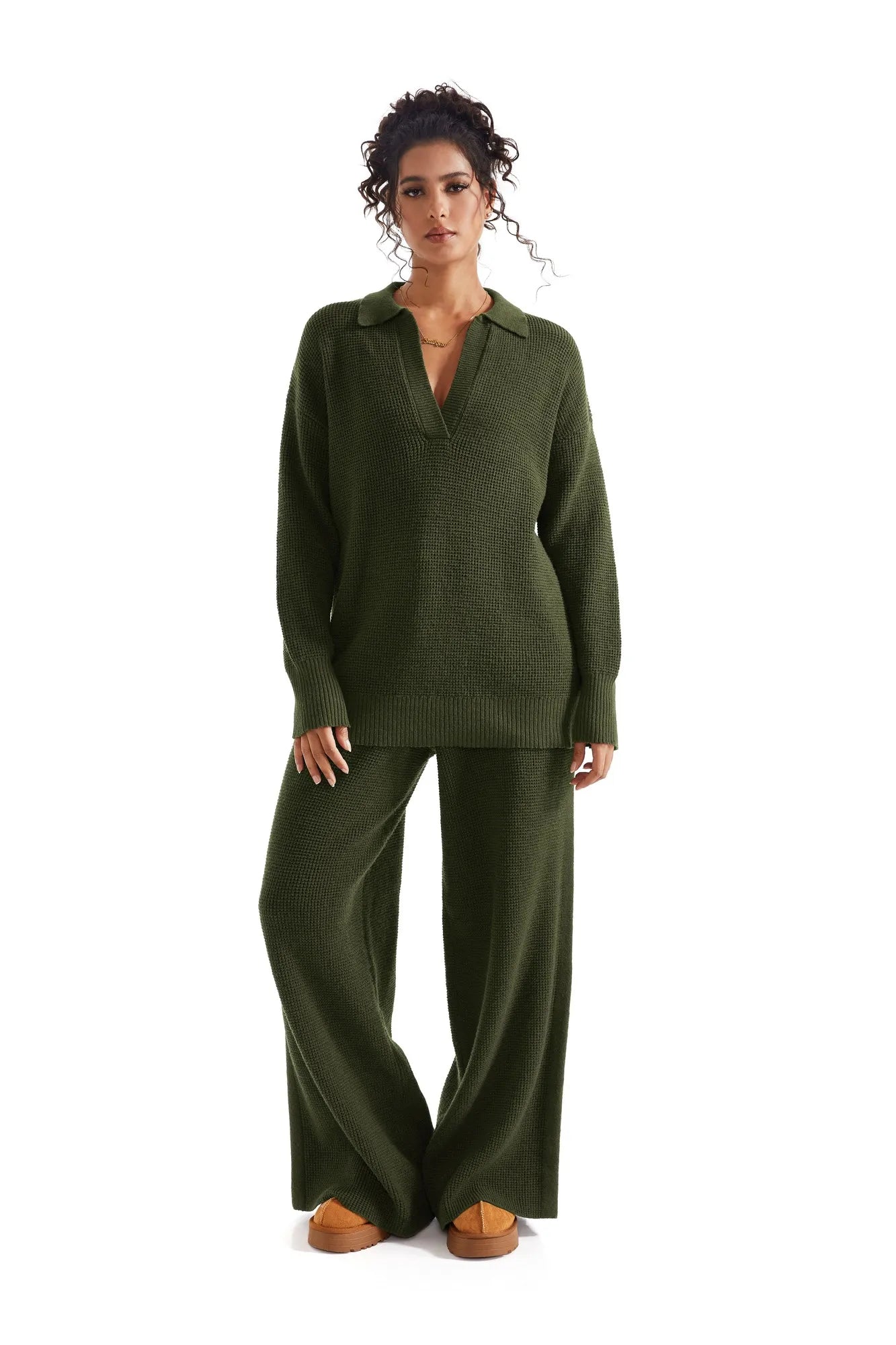 Waffle Knit Sweater Lounge Set-Clothing-SUUKSESS-Green-XS-SUUKSESS