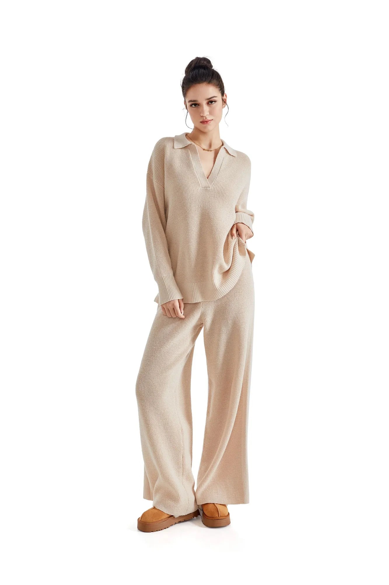 Waffle Knit Sweater Lounge Set-Clothing-SUUKSESS-Beige-XS-SUUKSESS