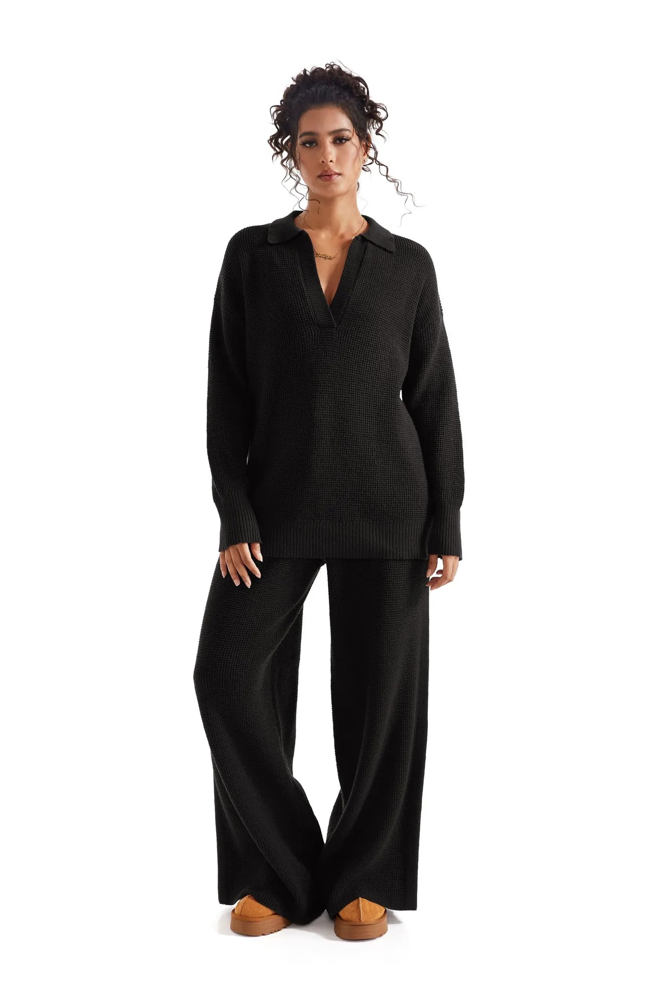 Waffle Knit Sweater Lounge Set-Clothing-SUUKSESS-Black-XS-SUUKSESS