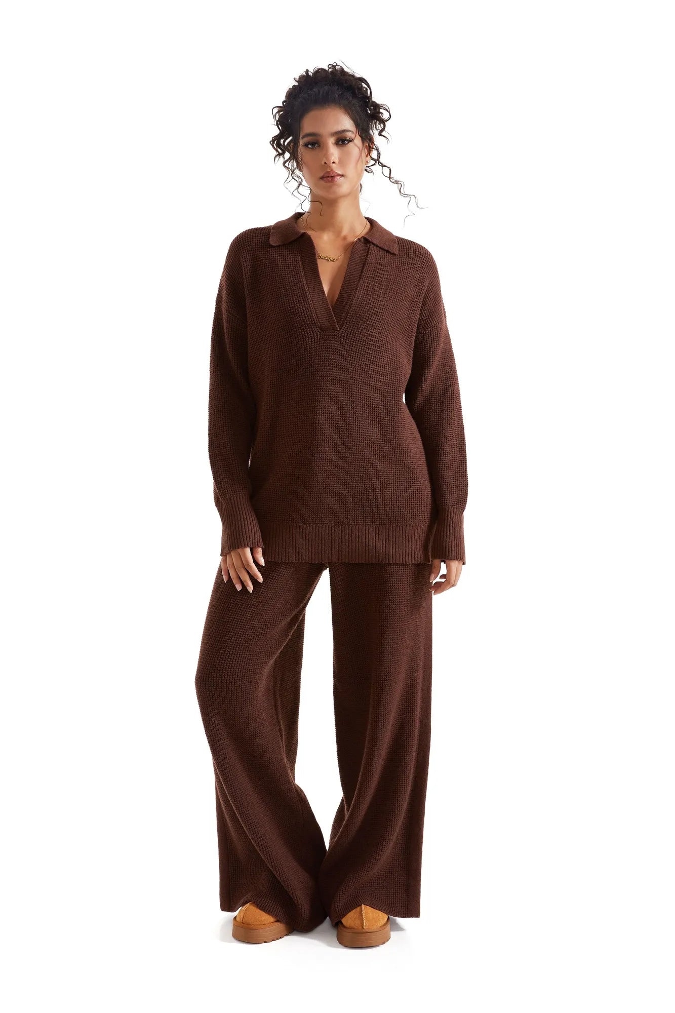 Waffle Knit Sweater Lounge Set-Clothing-SUUKSESS-Brown-XS-SUUKSESS