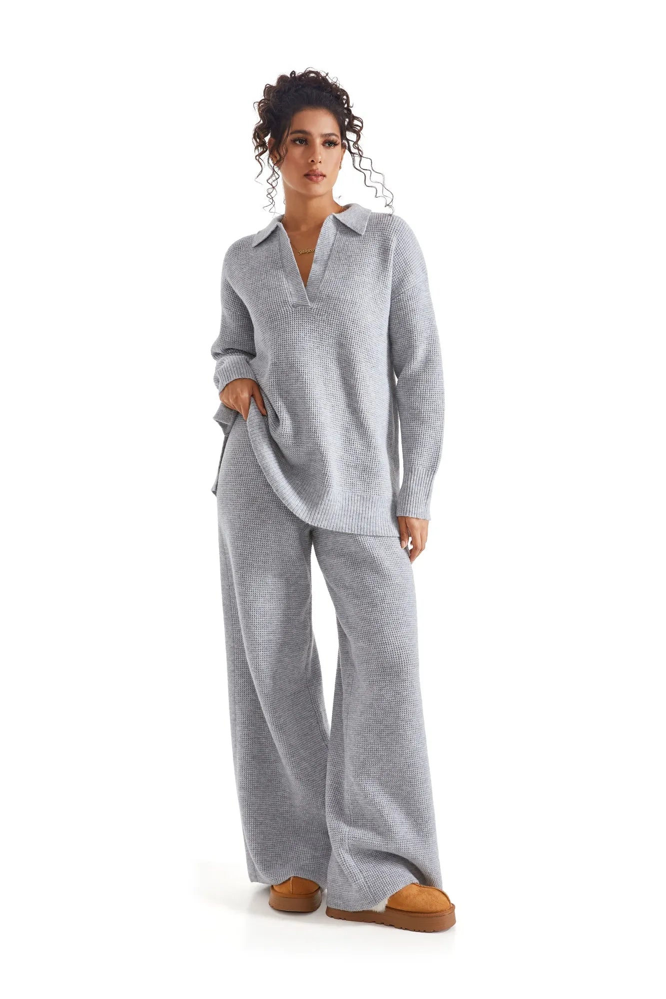 Waffle Knit Sweater Lounge Set-Clothing-SUUKSESS-Grey-XS-SUUKSESS