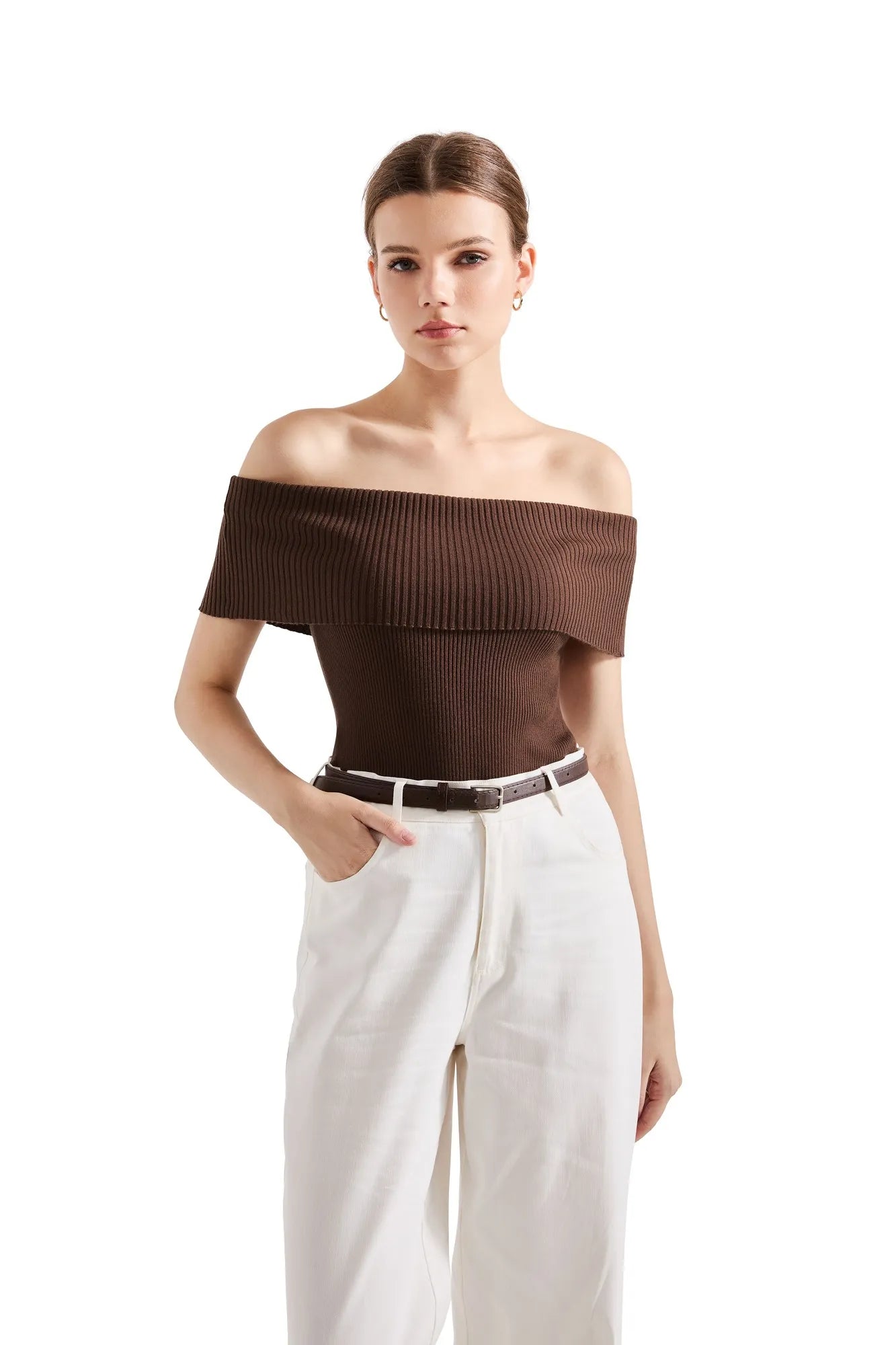 Ribbed Off Shoulder Shirt-SUUKSESS-Brown-XS-SUUKSESS