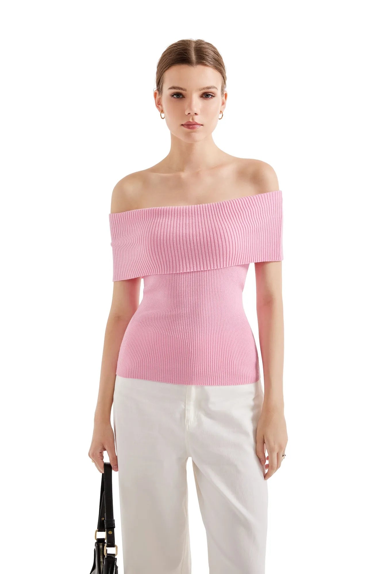 Ribbed Off Shoulder Shirt-SUUKSESS-Pink-XS-SUUKSESS