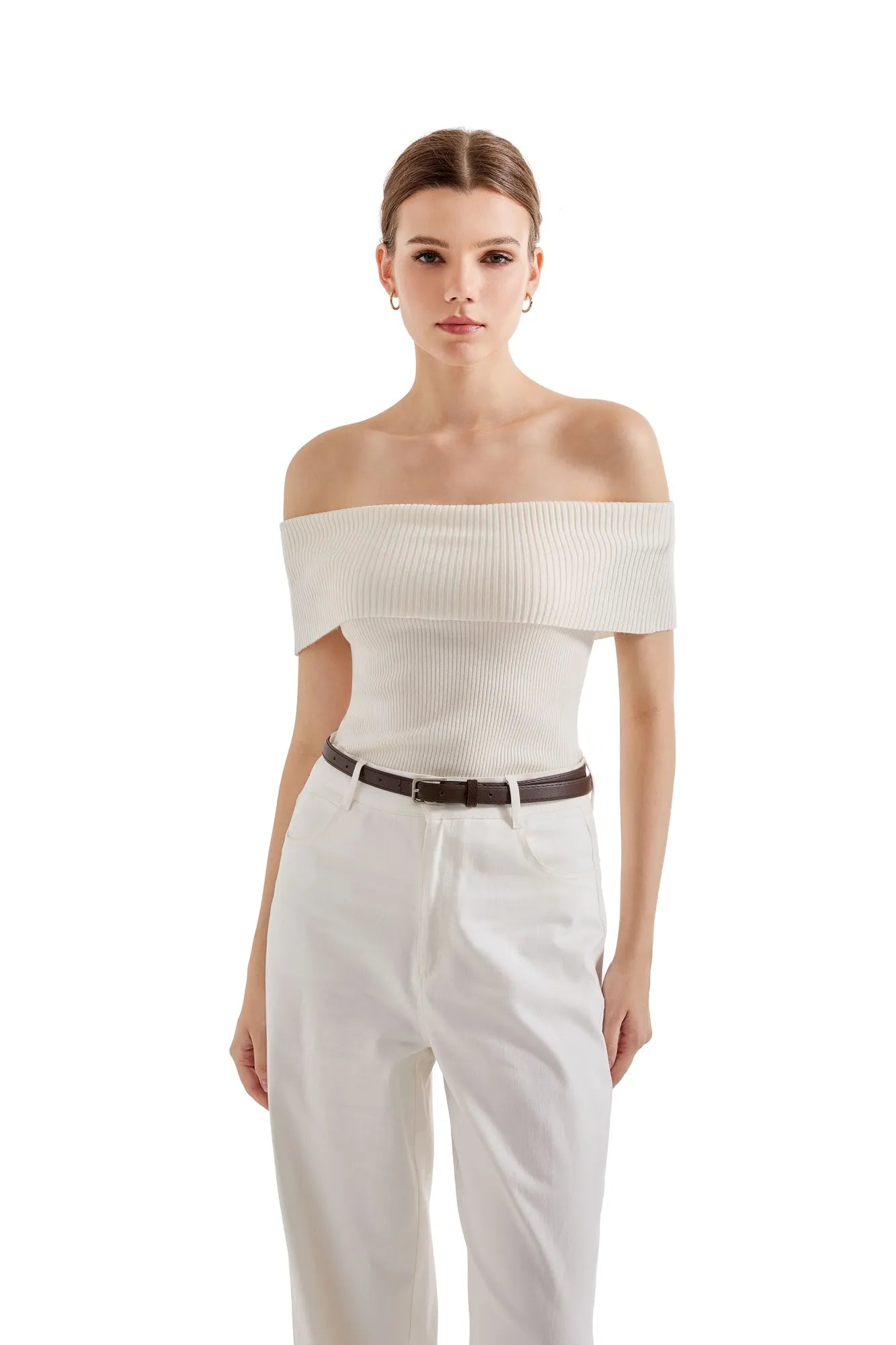 Ribbed Off Shoulder Shirt-SUUKSESS-White-XS-SUUKSESS